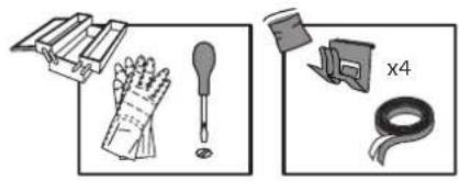 Illustration of cleaning tools including gloves, a tool, and a tape measure (no text or symbols).