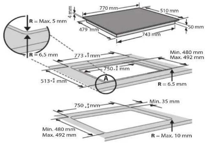 R = Máx. 5 mm 4 mm 770 mm 510 mm 479 mm 743 mm 50 mm R = 6,5 mm 773 + ½ mm Mín. 480 mm Máx. 492 mm 750 + ½ mm 513 + ½ mm A R = 6,5 mm 750 + ½ mm Mín. 35 mm Mín. 480 mm Máx. 492 mm R = Máx. 10 mm