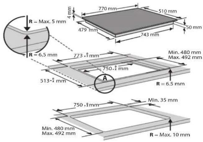R = Max. 5 mm 4 mm 770 mm 510 mm 479 mm 743 mm 50 mm R = 6,5 mm 773 + ½ mm 750 + ½ mm A 513 + ½ mm Min. 480 mm Max. 492 mm R = 6.5 mm 750 + ½ mm Min. 35 mm Min. 480 mm Max. 492 mm R = Max. 10 mm