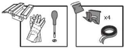 Illustration of cleaning tools including gloves, a screwdriver, and tape (no text or symbols).
