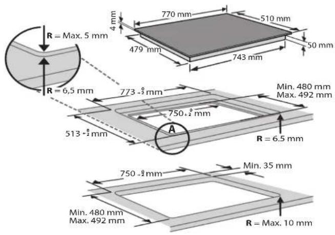 R = max. 5 mm 4 mm 770 mm 510 mm 479 mm 743 mm 50 mm R = 6,5 mm 773 -½ mm min. 480 mm max. 492 mm 750,½ mm A 513 -½ mm R = 6,5 mm 750 -½ mm min. 35 mm min. 480 mm max. 492 mm R = max. 10 mm