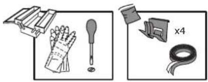 Illustration of hand tools including gloves, screwdriver, and tape (no text or symbols).