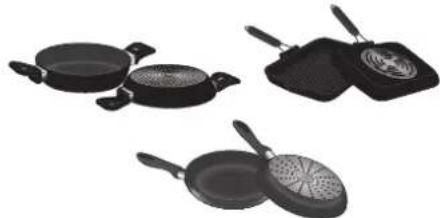 Three black cooking utensils: a frying pan, a flat pan with a side panel, and a wok with a perforated lid (no text or symbols visible).