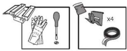 Illustration of cleaning tools including gloves, a tool, and tape (no text or symbols).