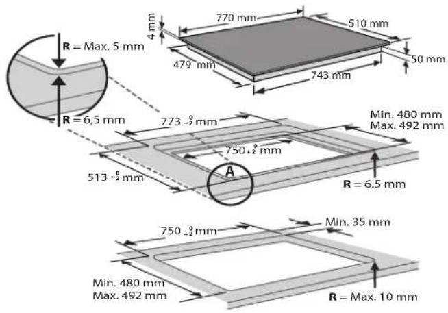 R = Max. 5 mm, 4 mm, 770 mm, 510 mm, 479 mm, 743 mm, 50 mm, R = 6,5 mm, 773 -½ mm, Min. 480 mm, Max. 492 mm, 750 +½ mm, A, 513 +½ mm, R = 6,5 mm, 750 -½ mm, Min. 35 mm, R = Max. 10 mm, Min. 480 mm, Max. 492 mm