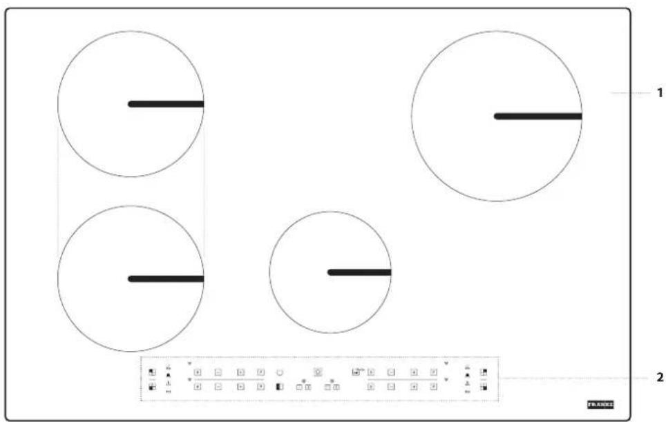Technical diagram showing four circular components with horizontal lines, labeled 1 and 2, and a control panel below.
