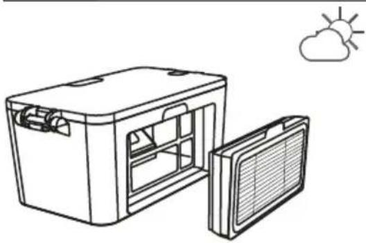 Line drawing of a portable air conditioner unit with a solar panel and sun icon (no text or symbols).