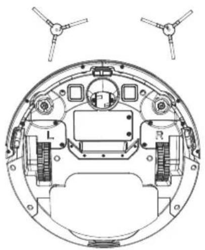 Technical line drawing of a circular mechanical component with labeled parts (L, R) and two propeller-like antennas above (no text or symbols present)