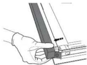 Hand holding a metal bracket with a small inset view of a component (no text or symbols visible)