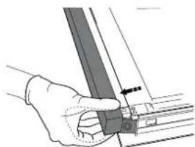 Hand holding a metal bracket with a pointer and arrow indicating assembly (no text or symbols).