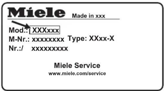 Miele Made in xxx Mod.: XXXxxx M-Nr.: xxxxxxxxx Type: XXxx-X Nr.:/ xxxxxxxxxx Miele Service www.miele.com/service