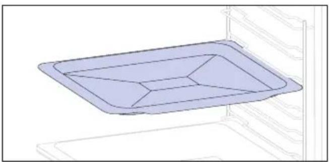 3D diagram of a rectangular tray placed inside an oven, with no text or symbols present.