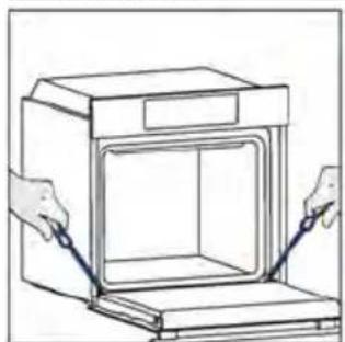 Line drawing of a double-bowel oven with two hands inserting a cable (no text or symbols)