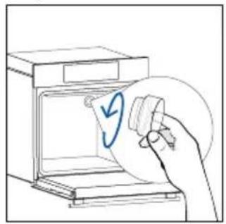 Hand holding a circular object with a blue checkmark inside an oven (no text or symbols visible).