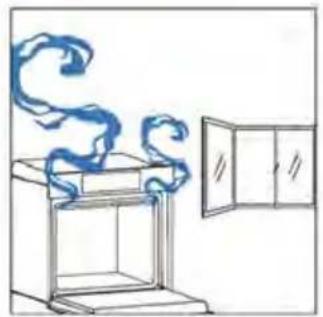 Simple line drawing of a cabinet with swirling blue smoke next to an open cabinet (no text or symbols)