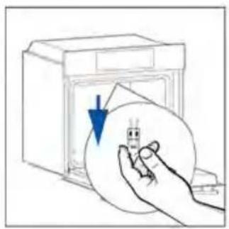 Illustration of a hand holding a circular object with a blue arrow pointing to it, next to an open refrigerator (no text or symbols)