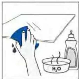 Illustration of a hand cleaning a blue cloth over a surface with a water bottle and beaker (no text or symbols).