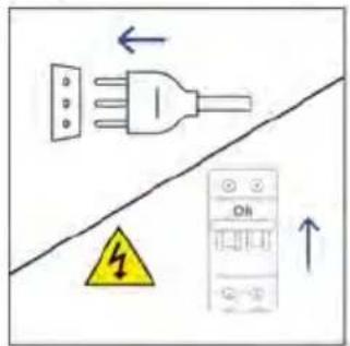 Safety warning diagram showing electrical plug, hazard symbol, and electrical panel with 'Oh' label.