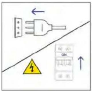 Safety warning diagram showing a plug with fuse and warning symbol, alongside a digital display showing current reading.