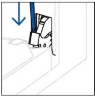 Diagram showing a mechanical component with a blue arrow indicating downward motion (no text or symbols present)