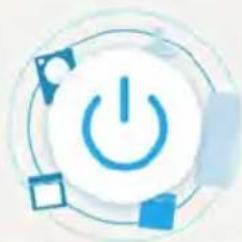 Abstract icon of a blue power button inside a circular frame with surrounding geometric shapes (no text or symbols).