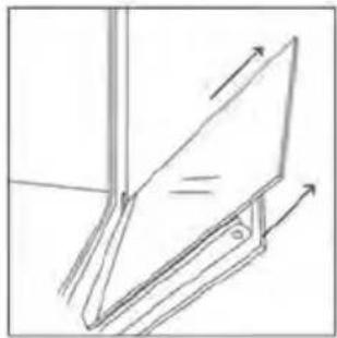 Simple line drawing of a folded paper or panel with directional arrows indicating movement (no text or symbols)