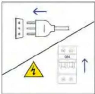 Safety warning diagram showing a plug with fuse and warning symbol, alongside a control panel with ON/OFF labels.