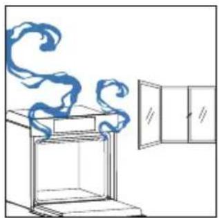 Simple line drawing of a cabinet with swirling smoke rising from the top, next to an open cabinet (no text or symbols)