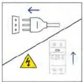 Safety warning diagram showing electrical plug, hazard symbol, and electrical switch with Chinese labels