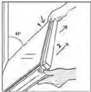 Diagram showing a hand holding a tool with labeled parts and directional arrows indicating movement or force