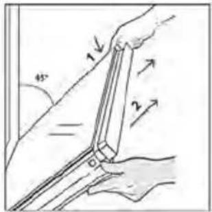 Technical diagram showing a hand holding a tool with numbered parts and directional arrows indicating movement or force.