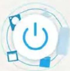 Circular icon with a blue power button symbol, surrounded by abstract geometric shapes (no text or symbols)