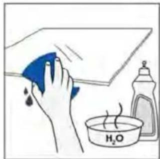 Illustration of a hand cleaning a surface with a blue cloth and a water bottle, showing a steaming dish labeled H₂O (no text or symbols on the main image)