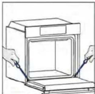 Line drawing of hands operating a large oven with a lid open, showing internal structure and ventilation slots (no text or symbols)