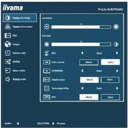 iiyama Reglage de l'image Reglage de la couleur OSD Langus Remite à dim DIVERS Sélect, entire Régage audio Luminants 90 Contraste 90 EDD Allumé Éclair Contr. avancé Éclair OVERDAVE Éclair Adaptive Sys Éclair Technologie X-fee Éclair OPS Éclair Allumé Éclair Quitter SELECTION Pousser PreLite XJ52763QSU