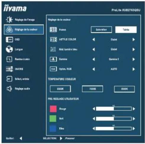 iivama Réglage de l'image Réglage de la couleur OSD Langue Renewer à partir DIVERS Select, entrée Réglage audio Réglage de la couleur S-lesse Saturation Taille L'STYLE COLOR Enet Réd. Humière bleu Enet Gamma Gamma 3 Optim, RGB AUTO TEMPERATURE COULEUR $50K $50K $50K PRE-REGLAGE UTILISATEUR Rouge 90 Vert 90 Blu 90 Quillet: SELECTION: Passer ProLite XUB2783QSU