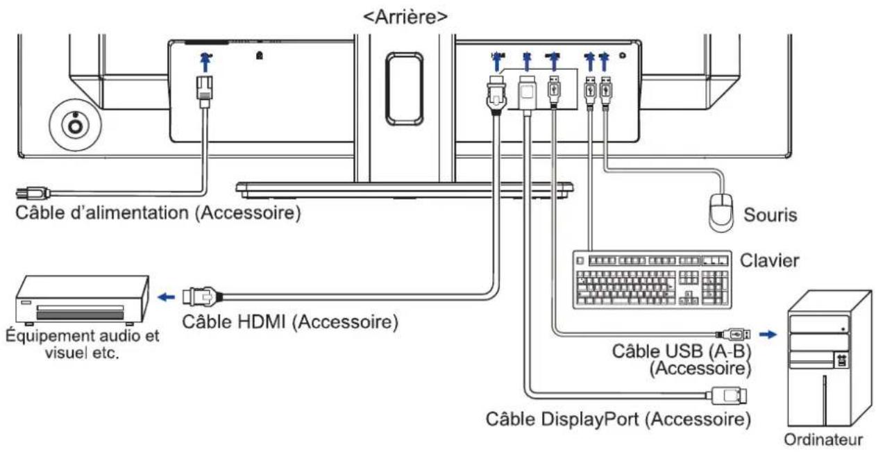 Câble d'alimentation (Accessoire) Équipement audio et visuel etc. Câble HDMI (Accessoire) Souris Clavier Câble USB (A-B) (Accessoire) Câble DisplayPort (Accessoire) Ordinateur