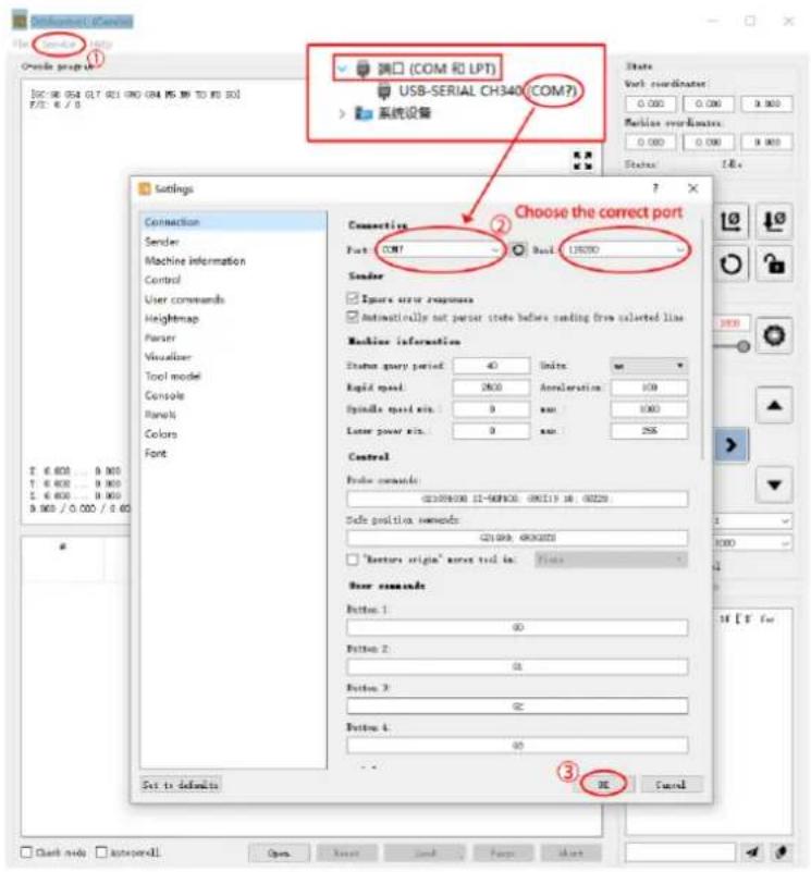 Port (COM i LPT) USB-SERIAL CH340 (COM?) Sustavski uređaji Odaberite ispravan port Veza Port COM? Dual 136200 Pošiljatelj Odredite odgovor na pogrešku Automatski ne provjeravaj stanje prije slanja s odabrane linije Informacije o stroju Razdoblje provjere statusa: 40 Jedinice wt Brza brzina: 2800 Ubr…