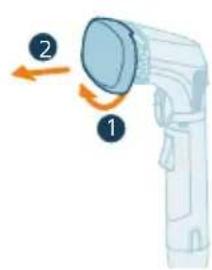 Diagram showing a device with labeled parts 1 and 2, indicating directional movement or rotation.