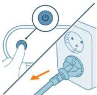 Diagram showing a hand pressing a button on a power switch, with an arrow indicating the action direction.