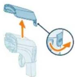 Diagram showing a device with an attached panel and a magnified inset of its internal rotation (no text or symbols)