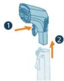 Diagram showing two labeled parts of a device with arrows indicating direction, likely illustrating a mechanical or electrical component.
