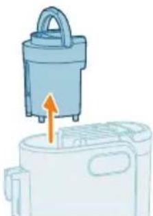 Illustration of a blue appliance with a handle and orange arrow indicating upward motion, next to a white rectangular device (no text or symbols)