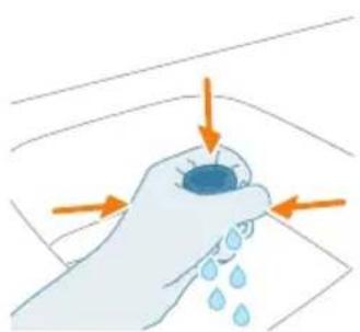 Illustration of a hand cleaning a surface with raindrops and arrows indicating water flow (no text or symbols)
