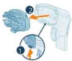 Diagram illustrating a mechanical assembly with labeled parts and directional arrows indicating motion or force directions.