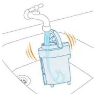 Illustration of a water purifier with a handle and piping, emitting steam (no text or symbols)