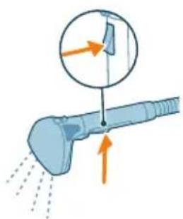 Illustration of a hairdryer with spray and motion arrows indicating action (no text or symbols)