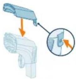 Diagram showing a mechanical component being inserted into a housing, with an inset magnified view highlighting the detail (no text or symbols present)