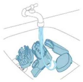 Illustration of a faucet pouring liquid into a washing machine (no text or symbols)