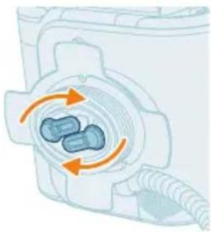 Mechanical component diagram showing two blue components rotating around a threaded shaft, with orange arrows indicating rotational direction (no text or symbols)